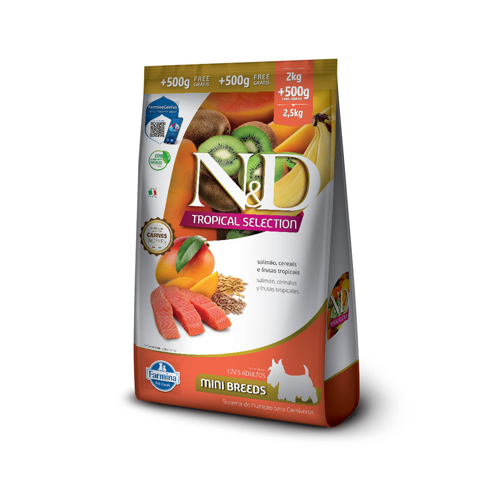 Ração Farmina N&D Tropical Selection para Cães Adultos de Porte Mini Sabor Salmão, Cereais e Frutas Tropicais 2,5kg